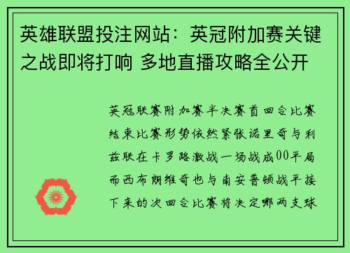 英雄联盟投注网站：英冠附加赛关键之战即将打响 多地直播攻略全公开